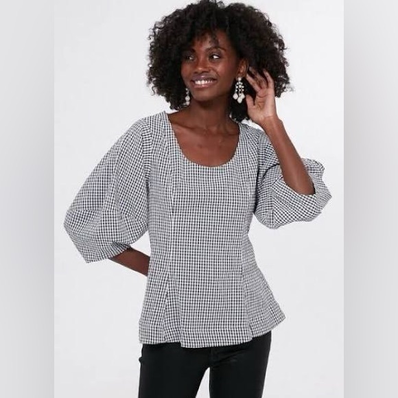 TUCKERNUCK Pomander Place sz S Malarie Gingham Top Puff Sleeve Peplum - Picture 1 of 6